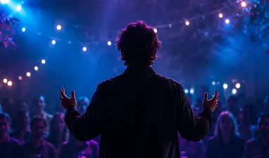 Person stands on a stage with their back to the camera, gesturing toward an audience under string lights and D LIGHT immersive lighting during an evening event.